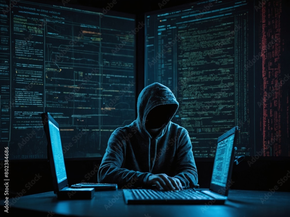 Poster detailed image of cybercriminal coding malicious software at computer