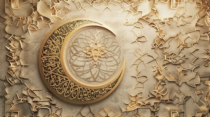 Naklejka premium Elegant Islamic calligraphy displaying the greeting 'Happy Islamic New Year' in Arabic, set against a backdrop of intricate geometric patterns and a crescent moon,