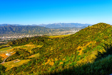 Los Angeles Landscape with Green Hills, Mountains and Blue Sky