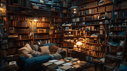 A cozy corner of a quaint bookstore, shelves overflowing with leather-bound volumes and antique curiosities. 