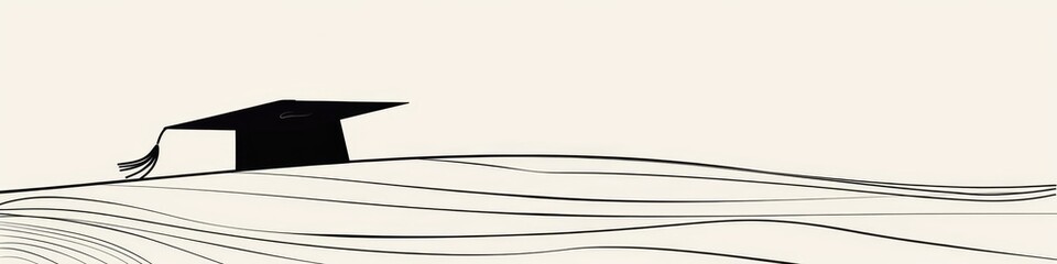 One line drawing of a simple minimalistic illustration of a graduation cap in long thick black lines on a white background Generative AI