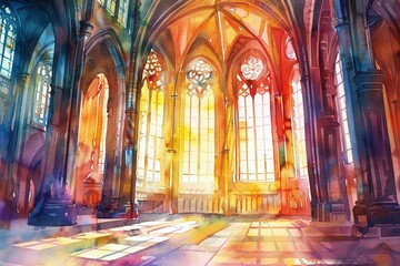 Obraz premium The watercolor painting of a magnificent cathedral with detailed stained glass windows bathed in sunlight, Clipart minimal watercolor isolated on white background