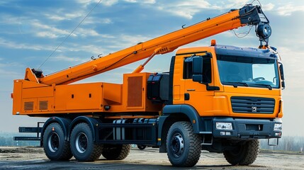 Obraz premium A large red crane truck is parked in a lot