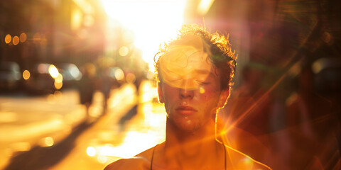 Exhausted person suffering from heat wave on a city street under direct sunlight, mirages blurring the urban horizon.