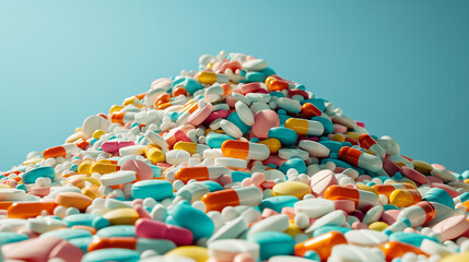 A mountain of various colorful pills piled up, symbolizing medication overload