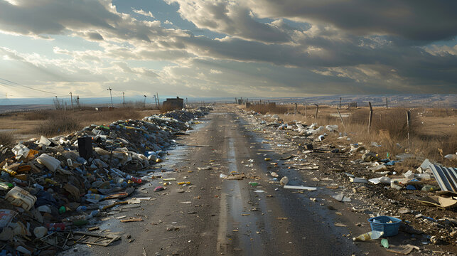 contaminaci&oacute;n del medio ambiente tierra contaminada carretera rodeada de basura y desperdicios irresponsabilidad social problema de basura calentamiento global consecuencias