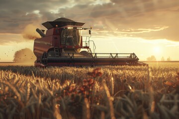 Fototapeta premium A combine harvester working in a wheat field at sunset. Ideal for agricultural concepts