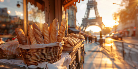 Freshly baked gourmet breads for sale in French bakery. Baguettes on early sunny morning in small town in France.