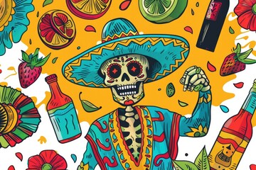 A festive Mexican skeleton holding a sombrero and a bottle of wine. Perfect for Day of the Dead celebrations or Mexican themed events
