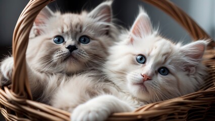 Two fluffy kittens in a basket on a gray background, close-up