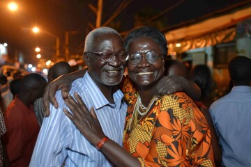 Portrait of a senior African couple on the street at night.