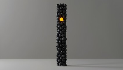 A tall black sculpture made of small round pieces, with one yellow button in the center, was placed on an empty white floor against a gray background The sculpture is made from rubber and has no shado