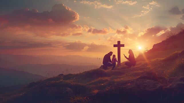 familia hincada pidiendo y orando rezando ante la cruz de Dios Jesucristo con fe y esperanza en la puesta del sol en un hermoso paisaje al atardecer 