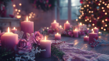 Festive interior with numerous candles and pink accents, magic of Christmas