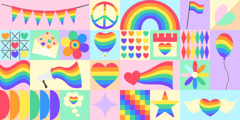 LGBTQ+ Pride Symbols icons elements with geometric pattern. Vector flat design for poster, card, wallpaper, poster, banner, packaging. Hearts, rainbow, flower