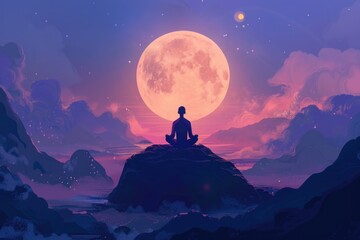 A man sitting on top of a rock under a full moon. Ideal for nature and relaxation concepts