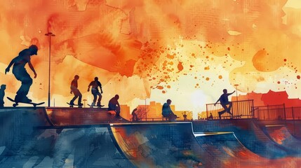 This engaging watercolor scene shows a bustling urban skate park, with skaters performing tricks at dusk, Clipart minimal watercolor isolated on white background