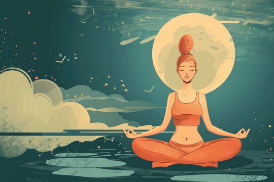 Woman sitting in lotus position in front of full moon. Suitable for wellness and meditation concepts