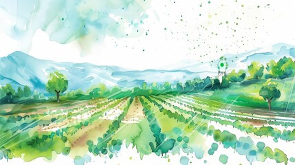 This engaging watercolor scene depicts a smart agricultural field, with sensors and IoT devices optimizing crop growth, Clipart minimal watercolor isolated on white background