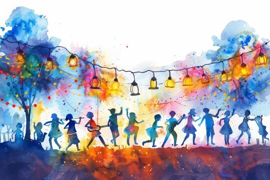 This engaging watercolor scene of a small village festival