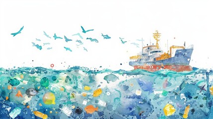 This engaging watercolor scene of an ocean cleanup operation, futuristic vessels collecting plastic waste with efficiency, Clipart minimal watercolor isolated on white background