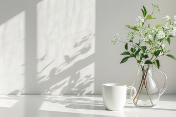 A simple arrangement of flowers and a cup of coffee on a table. Suitable for home decor or lifestyle concepts