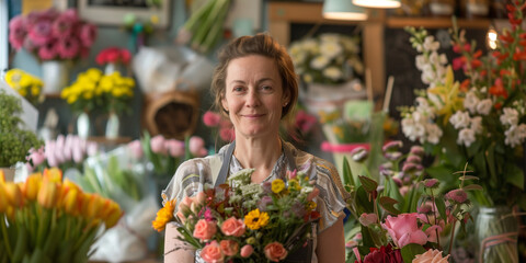 Beautiful young female florist working in flower shop on sunny morning. Young girl wearing apron surrounded by bunches of flowers. Small business.