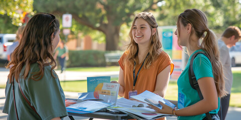 Mental health awareness campaign booth at a college campus, with volunteers handing out informational brochures and talking to students.