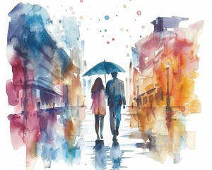 This engaging watercolor scene of a couple walking hand in hand through a rainsoaked city street under an umbrella, Clipart minimal watercolor isolated on white background
