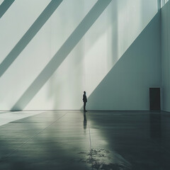 Close-up of a person standing alone in a large empty room, minimalistic design