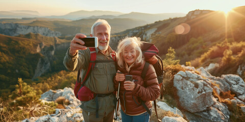 Cheerful senior hiker couple taking a selfie atop of a mountain they just hiked. Adventurous elderly man and woman with backpacks. Hiking and trekking on a nature trail.