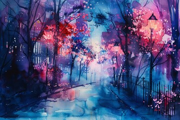 This lovely watercolor painting captures a nocturnal city where streets are illuminated by bioluminescent trees and plants, Clipart minimal watercolor isolated on white background