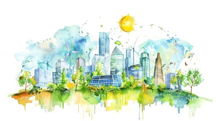 Obraz premium This lovely watercolor painting captures an ecofriendly metropolis powered by solar panels and wind turbines, Clipart minimal watercolor isolated on white background