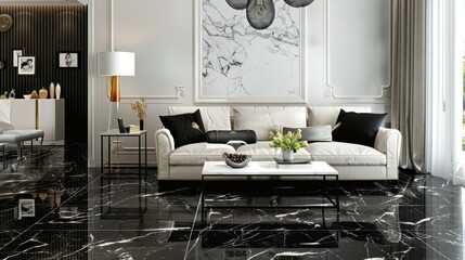 Glossy marble in a classic black and white pattern provides a timeless and sophisticated textured backdrop.