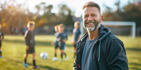 Cheerful middle age football coach smiling on a backdrop of his young players on soccer pitch. Sports and active leisure for young kids.