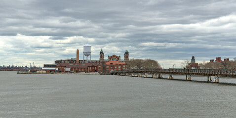 ellis island view with bridge and hudson river (from liberty state park in jersey city nj) new...