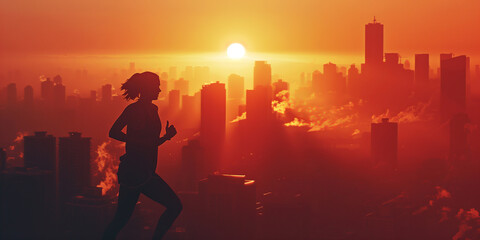 Young jogger pausing to stretch on a city bridge at sunrise, with the skyline in the background on early morning. Healthy lifestyle.