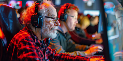 Professional senior e-sports player at an online game tournament. The cyber team plays computers. Cybersports. Leisure for elderly people.