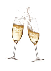 Two elegant champagne flutes filled with sparkling champagne, with a steady stream of bubbles, against a transparent background. Generative AI