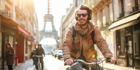 Cheerful young man listening to music in his headphones while riding his bicycle on the street of Paris, with Eiffel tower in a background.