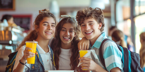 Group of cheerful teenage kids sitting at the table in school cafeteria. Young students having food during lunch break in dining hall.