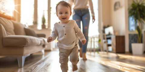 Cute toddler taking his first steps in bright and sunny living room, with hist parent watching in awe in background.