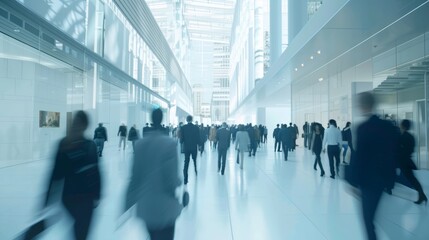 Long exposure shot of crowd of business people walking in bright office lobby fast moving with blurry, Generative AI hyper realistic 