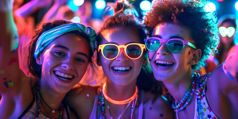 Cheerful young friends having fun at colorful rave party. Happy men and women enjoying themselves and dancing. Group of people at music concert.