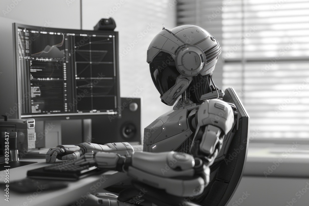 Poster a robot sitting in front of a computer monitor. ideal for technology concepts