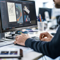 Detailed view of a graphic designer creating a software icon in a design software