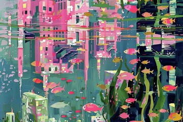 A beautiful painting of a city that is half-submerged underwater