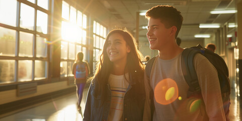 Two cheerful happy young friends standing in school hallway. Teen students having fun together in high school.