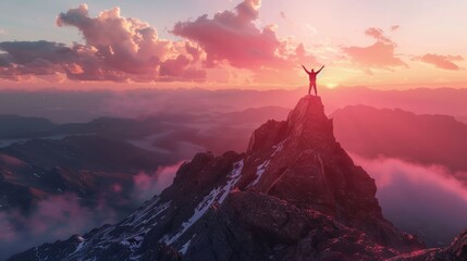 person standing on top of mountain peak celebrating holding up arms looking at sunrise or sunset, success hyper realistic  - obrazy, fototapety, plakaty
