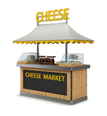 Market wooden stall with cheese. 3d canopy kiosk mockup. 3d illustration on white background
